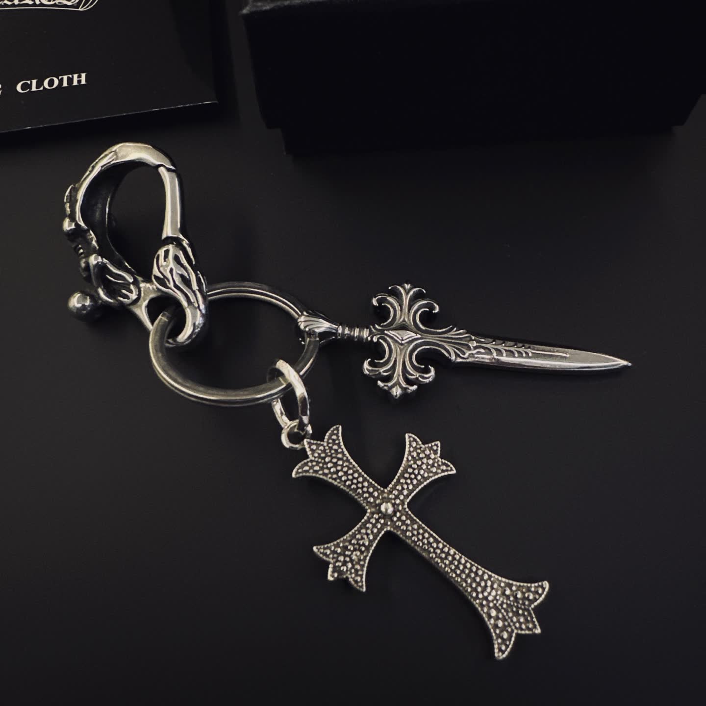 Chrome Hearts Silver Keychain with Sword and Cross Charms